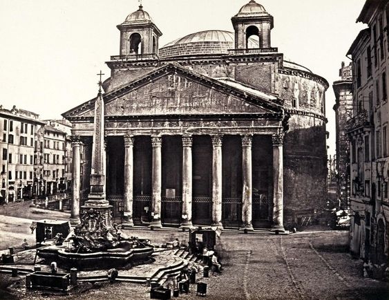 An old photograph of the Pantheon in Rome with its two 17th century bell towers
