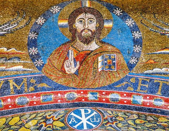 Christ Pantocrator, a detail of the 12th century mosaic in the apse of the church of San Clemente, Rome