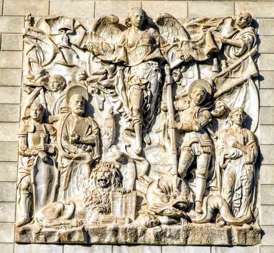 Le Repubbliche Marinare (The Maritime Republics), bas-relief by Mirko Basaldella, Palazzo dell' INPS, EUR, Rome