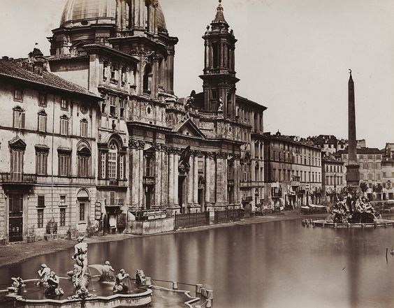Old photograph (1858) of the 'Lago di Piazza Navona', Rome