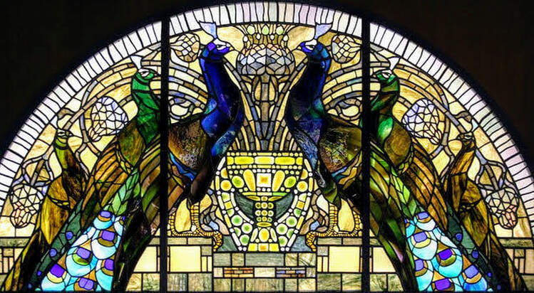Stained glass window with peacocks, House of the Owls (Casina delle Civette), Rome