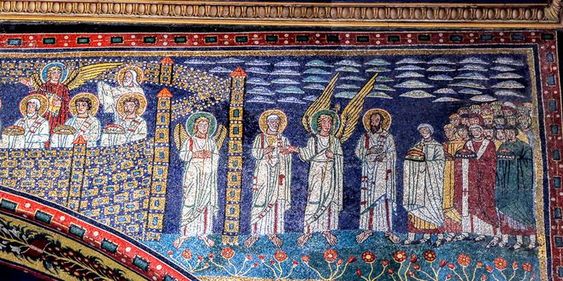 A detail of the mosaic on the triumphal arch of the church of Santa Prassede, Rome