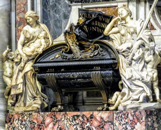 Allegorical statues of Charity and Justice, the funerary monument to Pope Urban VIII (r. 1623-44), St Peter's Basilica, Rome