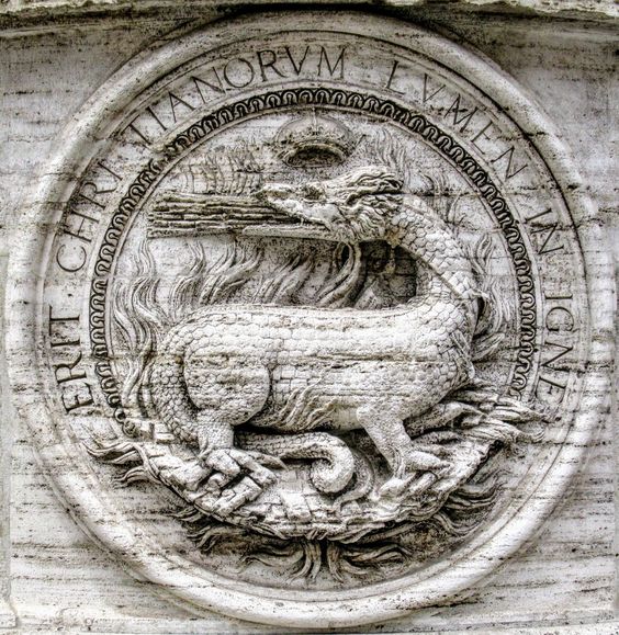 An image of a salamander on the facade of the church of San Luigi dei Francesi, Rome