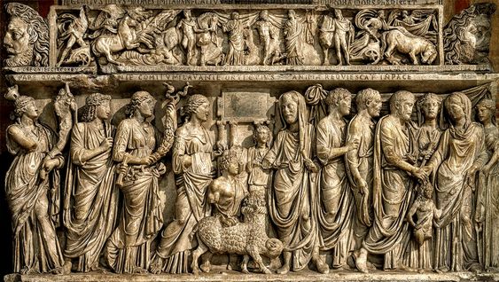 Ancient bas-relief (3rd century CE), reused in the 13th century tomb of Cardinal Fieschi, church of San Lorenzo fuori le Mura, Rome