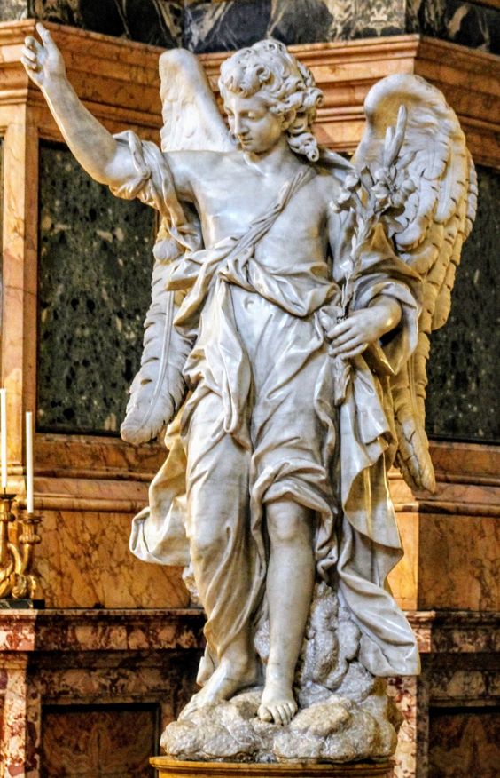 Angel with Lily, sculpture by Bernardino Ludovisi (1693-1749), Chapel of St Aloysius Gonzaga, church of Sant' Ignazio, Rome