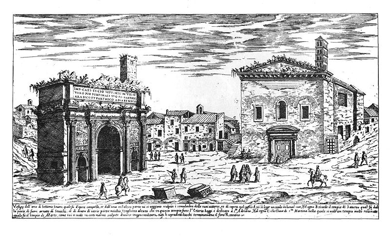 Arch of Septimius Severus & church of Sant' Adriano al Foro (1575), print by Etienne Dupérac