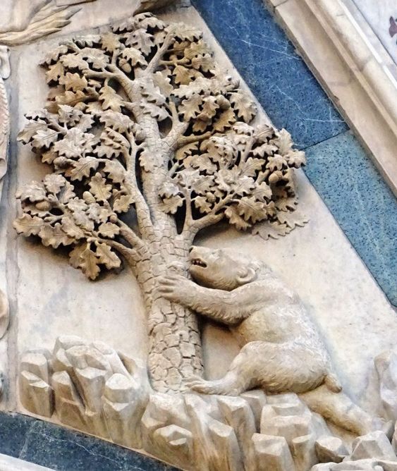 A bear and an oak tree, a detail of bas-relief of Assumption by Nanni di Banco, Porta della Mandorla, Florence