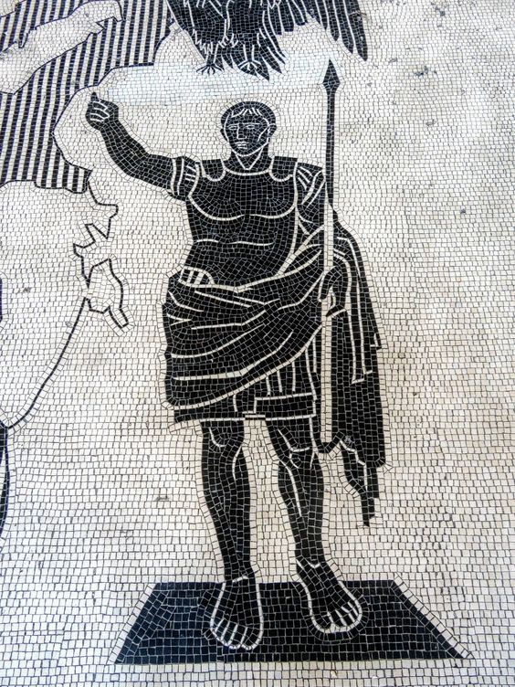 Black & white floor mosaic of the Emperor Augustus (1938), Stazione Ostiense, Rome