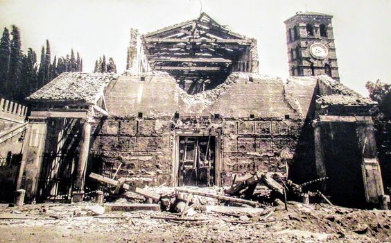 Church of San Lorenzo fuori le Mura after the Allied bombardment of Rome, July 19th 1943, Rome