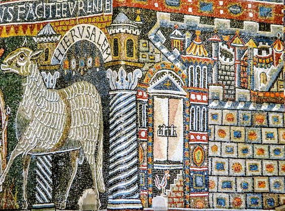 City of Jersualem, a detail of the 12th century mosaic in the apse of the church of San Clemente, Rome
