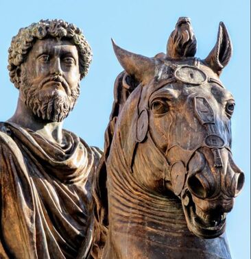 A detail of the copy of the bronze equestrian statue of Emperor Marcus Aurelius (r. 161-80), Piazza del Campidoglio, Rome