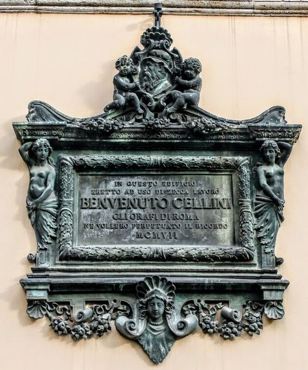 Bronze plaque to the goldsmith & sculptor Benvenuto Cellini, Rome