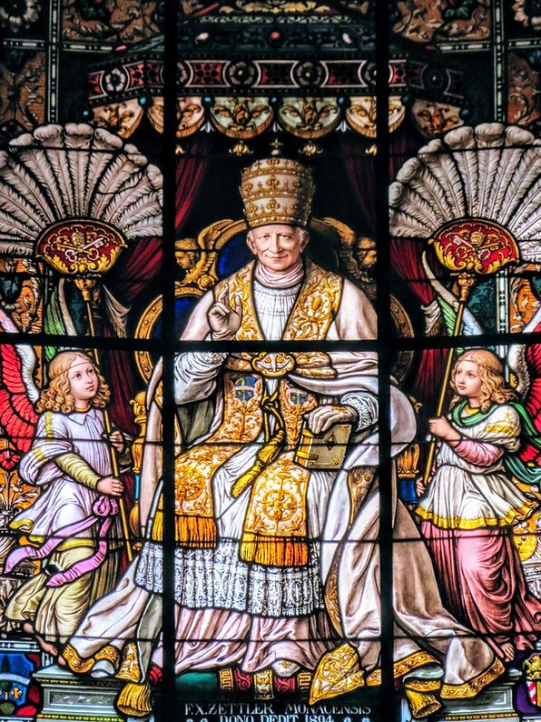 Portrait of Pope Leo XIII, stained glass window, church of San Gioacchino, Rome