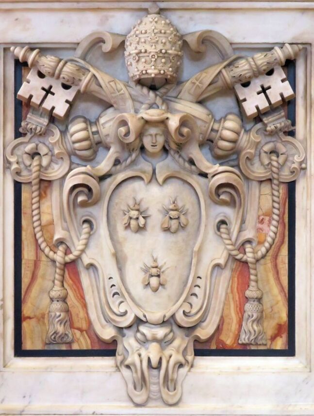 The coat of arms of Pope Urban VIII, adorns the pedestals of the Baldacchino in St Peter's Basilica, Rome