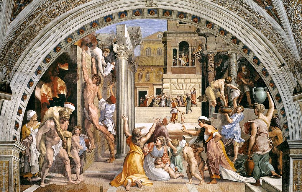 Fire in the Borgo, fresco by in the Stanza dell' Incendio, Vatican Museums, Rome