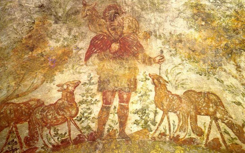 Jesus as the Good Shepherd, wall painting, Catacombs of Domitilla, Rome