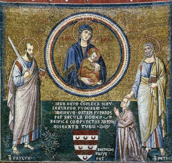 Mosaic of the Virgin and Child, St Peter and St Paul, and Bertoldo Stefaneschi by Pietro Cavallini, church of Santa Maria in Trastevere, Rome