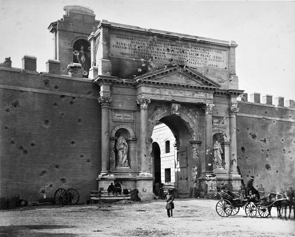 Old photograph showing traces of the bombardment of September 20, 1870, Porta Pia, Rome