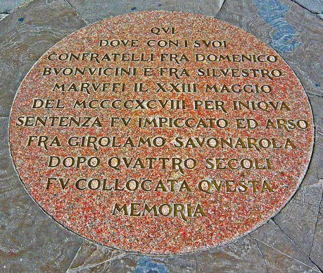 Plaque marking spot where Savonarola was burnt at the stake, Piazza della Signoria, Florence