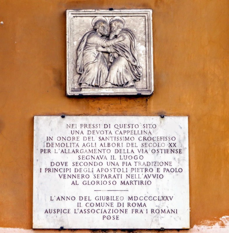 Plaque marking the site of last meeting between saints Peter & Paul, Via Ostiense, Rome