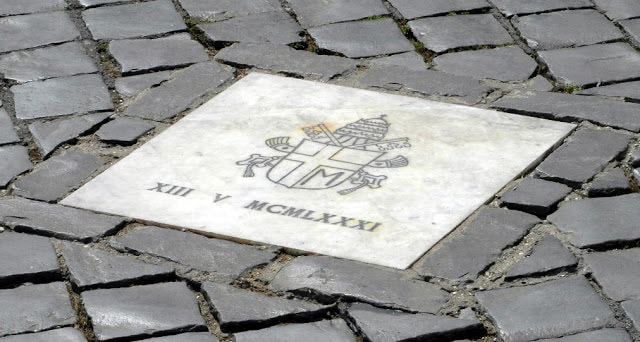 Plaque marking the spot where Pope John Paul II was shot, St Peter's Square, Rome 