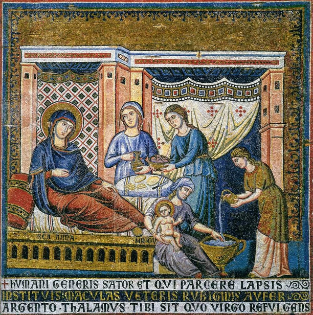 Birth of the Virgin Mary, mosaic by Pietro Cavallini, church of Santa Maria in Trastevere, Rome