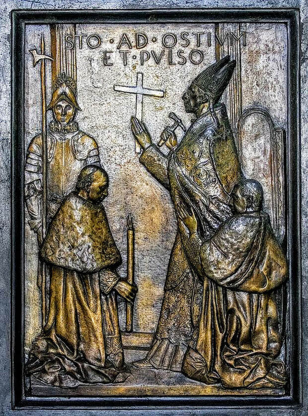 Relief of Pope Pius XII opening the Holy Door, Porta Santa, St Peter's Basilica, Rome