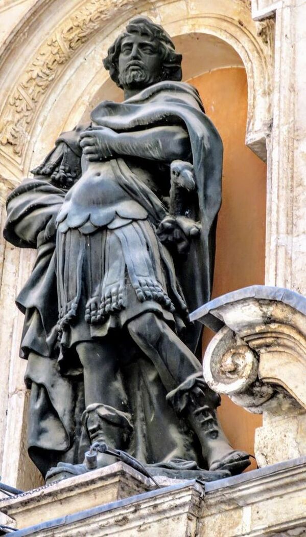 Bronze statue of St Julian the Hospitaller, facade of church of San Giuliano dei Fiamminghi, Rome