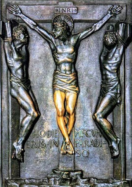 Crucifixion of Christ flanked by Dismas and Gestas, Holy Door, St Peter's Basilica, Rome