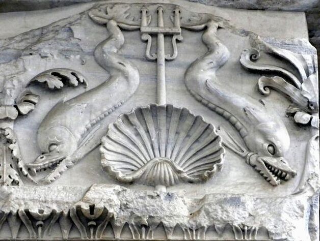 Dolphin and trident frieze, Basilica of Neptune, Rome