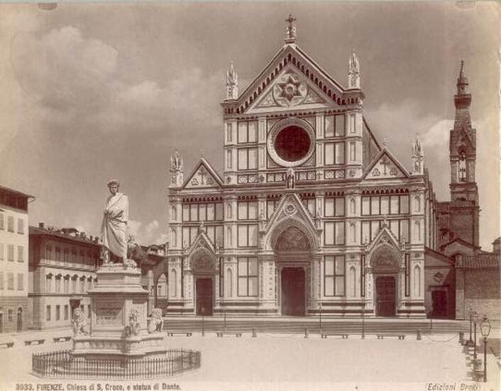 Old photograph showing Piazza Santa Croce with statue of Dante in the centre, Florence