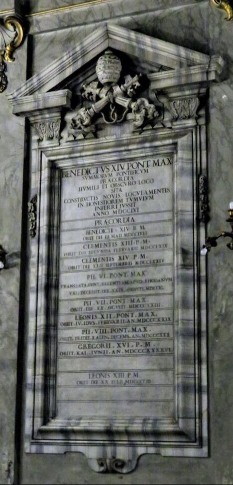 One of two plaques recording the twenty-two popes whose praecordia are preserved in the church of Ss Vincenzo e Anastasio a Fontana di Trevi, Rome