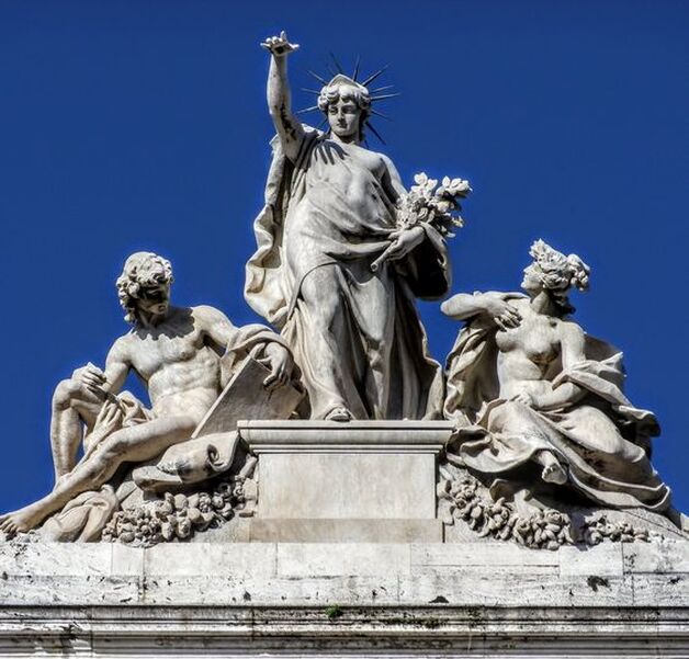 Art flanked by Study and Peace, sculpture by Adalberto Cencetti, Palazzo delle Esposizioni, Rome
