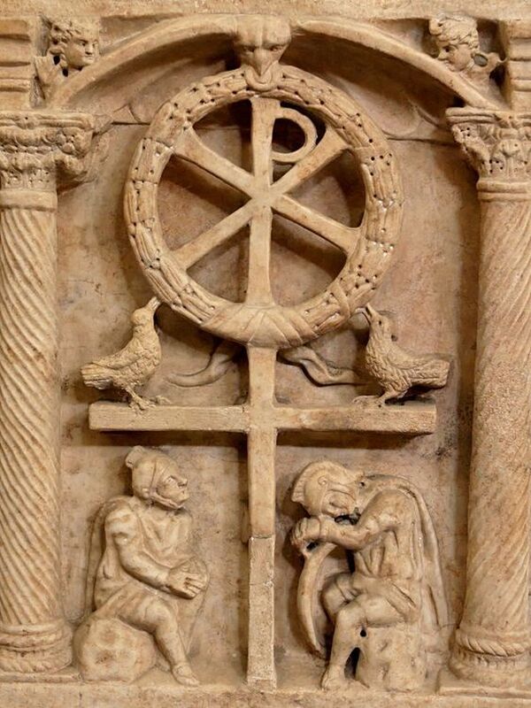 The Chi-Rho monogram or Chrismon, a detail of the Sarcophagus of Domitilla (c. 350), Vatican Museums, Rome