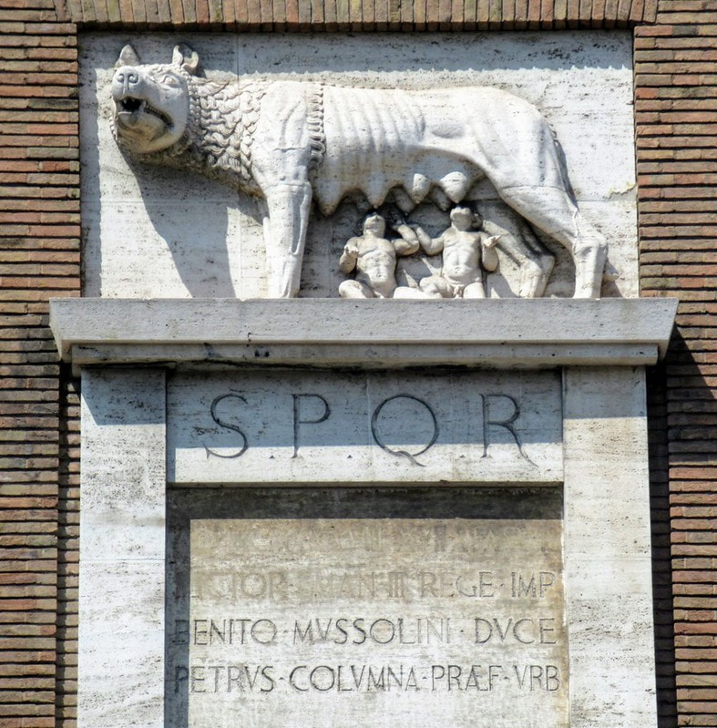 She-wolf suckling Romulus and Remus with inscription to Mussolini, Palazzo dell' Anagrafe, Rome