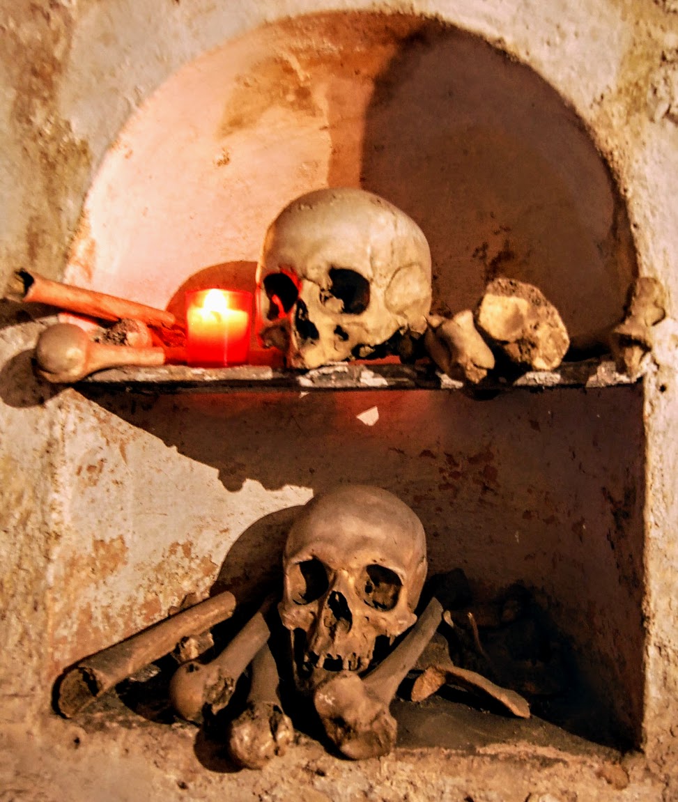 Skulls in the crypt of the Confraternity of the Sacconi Rossi, Tiber Island, Rome