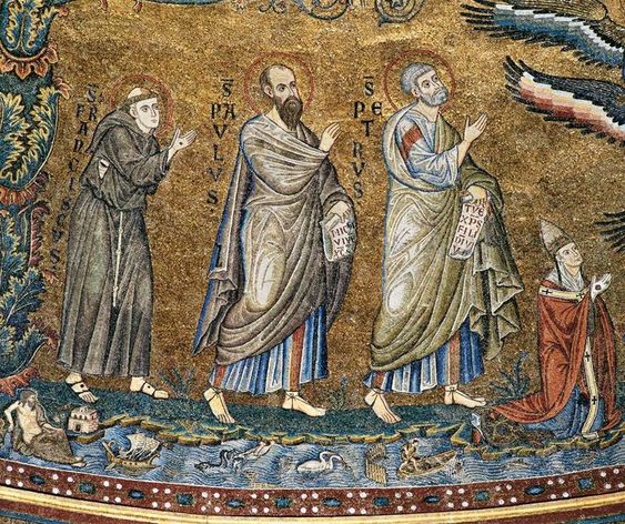 St Francis, St Paul and  St Peter, a detail of the mosaic in the apse of the church of Santa Maria Maggiore, Rome