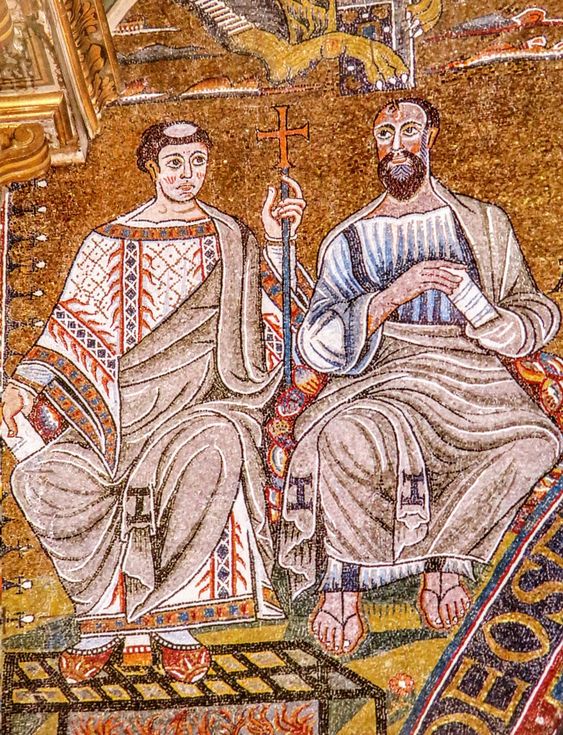 St Lawrence & St Paul, a detail of the 12th century mosaic in the apse of the church of San Clemente, Rome