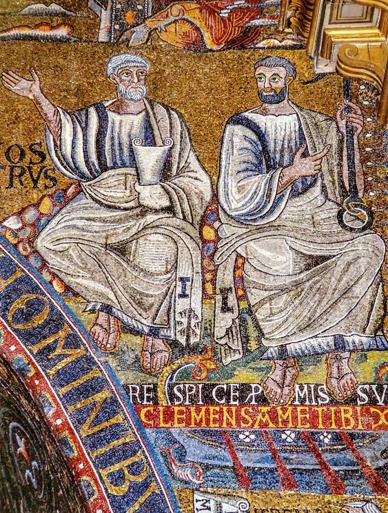 St Peter & St Clement, a detail of the 12th century mosaic in the apse of the church of San Clemente, Rome