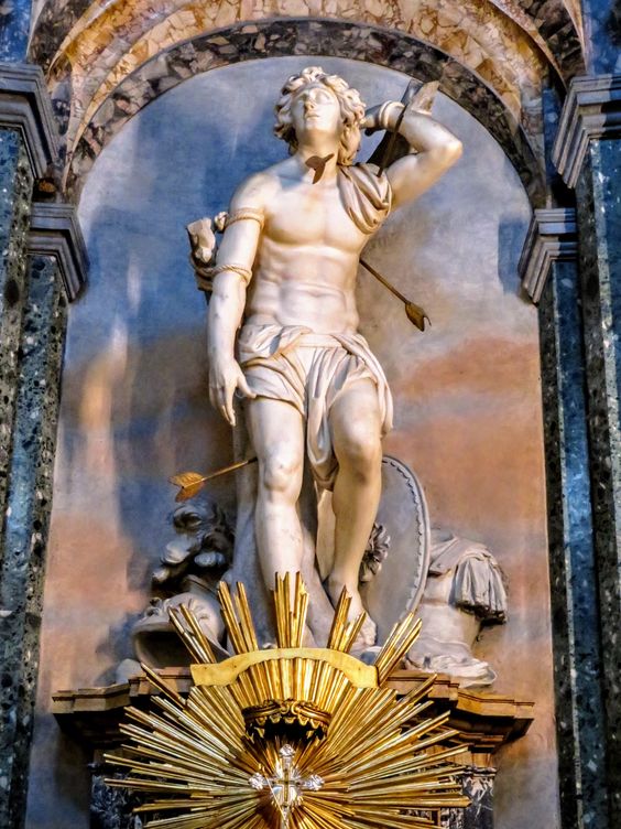 Statue of St Sebastian (1719) by Pietro Paolo Campi, the church of Sant' Agnese in Agone, Rome