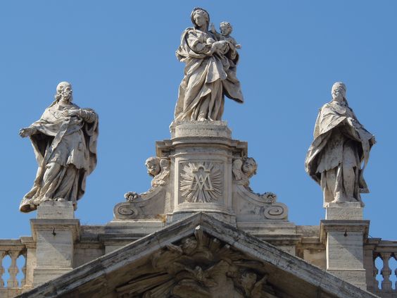 Statue of the Virgin Mary and Child atop the facade of the church of Santa Maria Maggiore, Rome