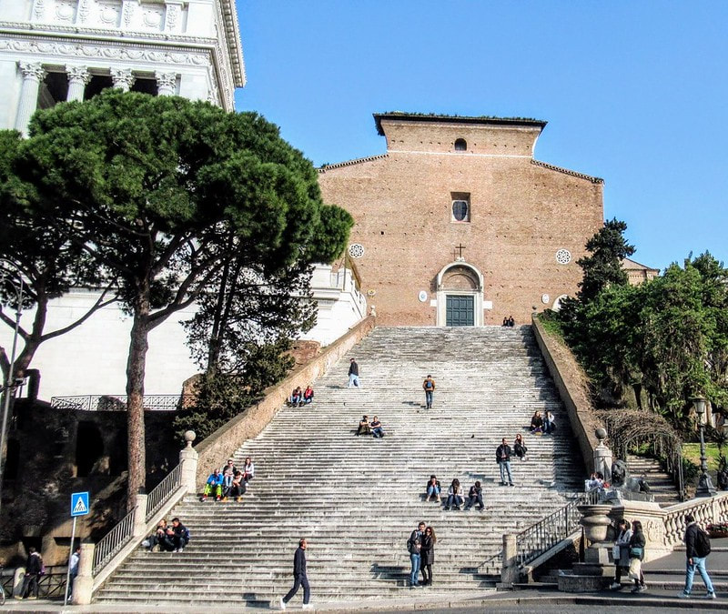 The flight of 124 marble steps leading up to the church of Santa Maria in Aracoeli, Rome