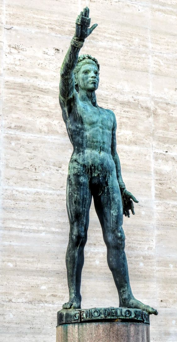The bronze statue of Il Genio dello Sport by Italo Griselli (originally called Il Genio dell' Fascismo), Palazzo degli Uffici, EUR, Rome