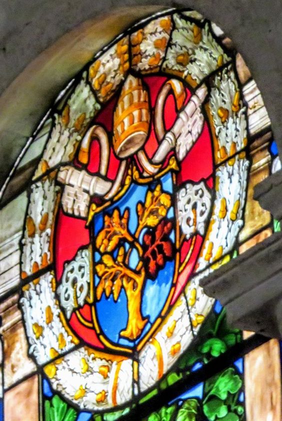 The coat of arms of Pope Julius II, a stained glass window in the choir of the church of Santa Maria del Popolo, Rome