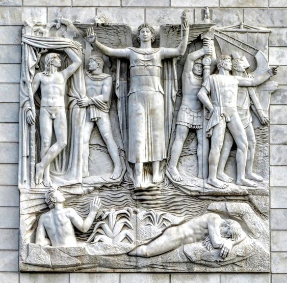 The Conquest of the Seas, bas-relief by Oddo Aliventi, Palazzo dell' INA, EUR, Rome